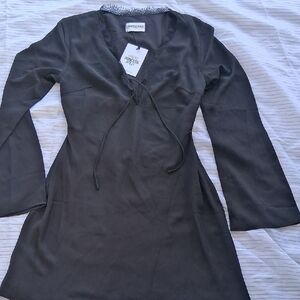 Princess Polly Black V-Neck Tie Front Long Sleeve Dress